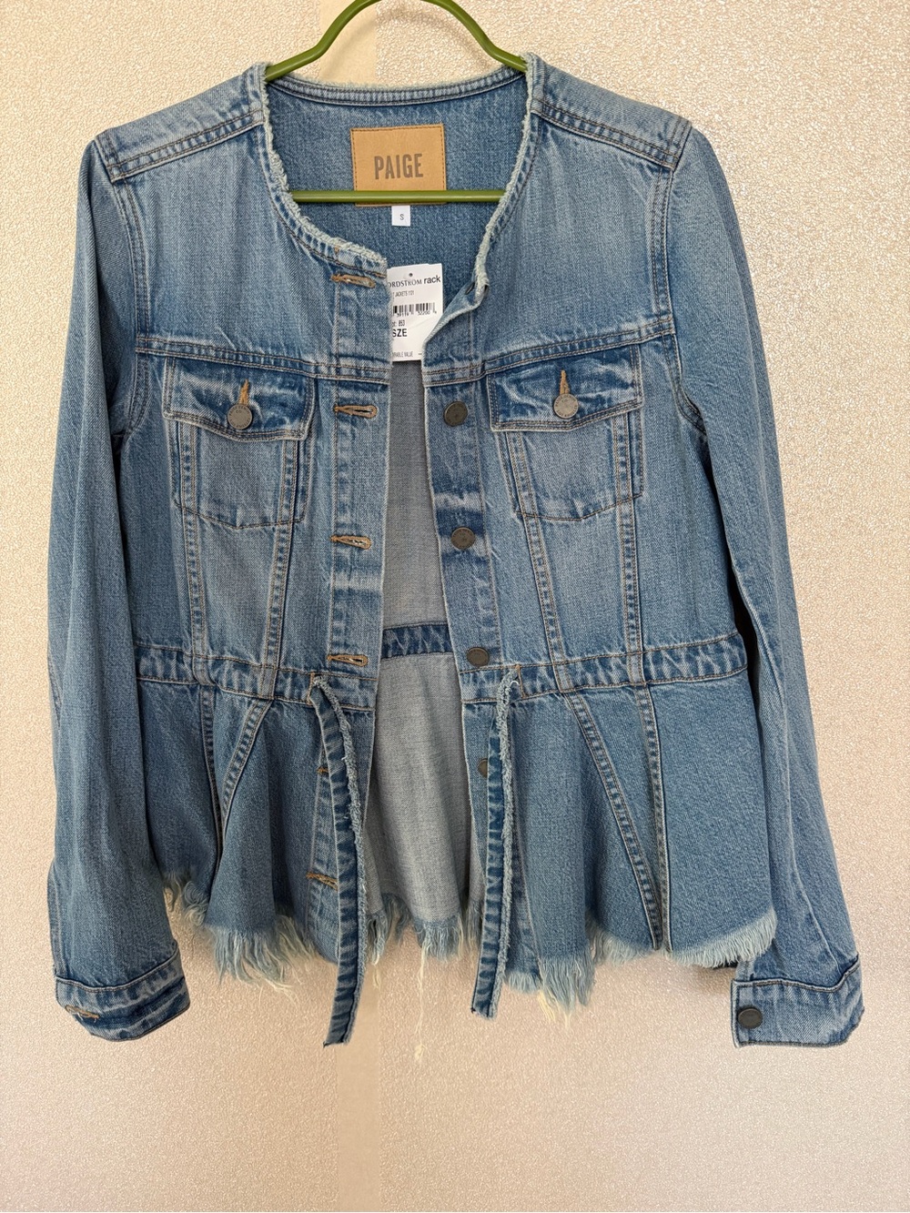 New PAIGE Faded Blue Denim Peplum Jean Jacket